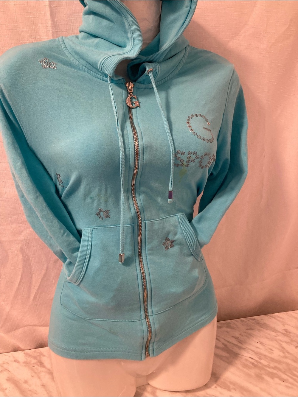 Le Grenier Turquoise Rhinestone Zip Up Hoodie Y2K